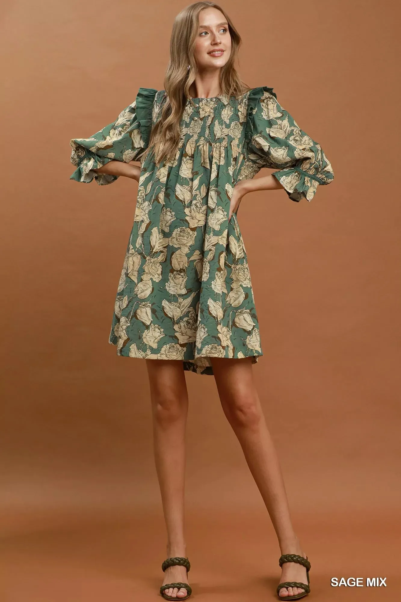 Umgee Mix Floral Print Smocked Ruffle Detail Flowy Dress sold by Charming Charlie product image thumbnail 4