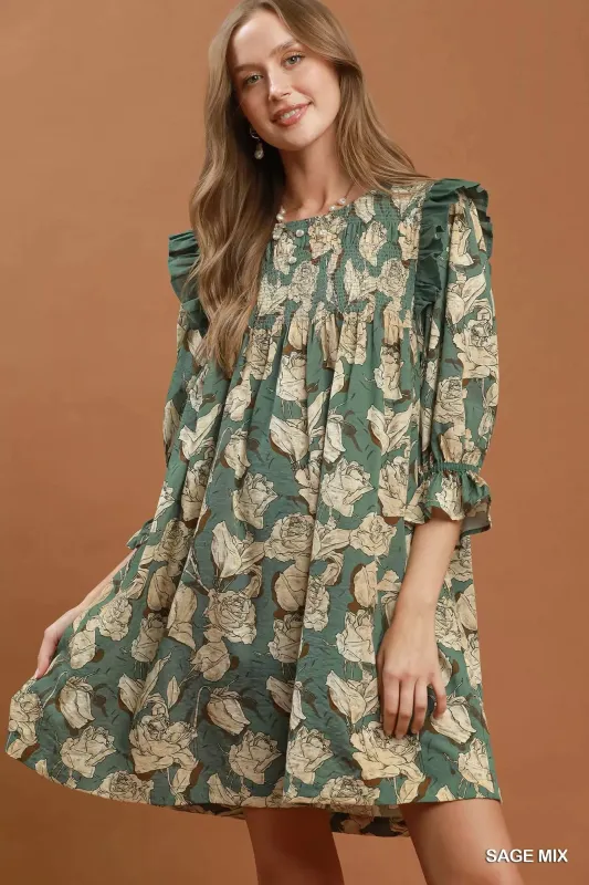 Umgee Mix Floral Print Smocked Ruffle Detail Flowy Dress made by Trendsi