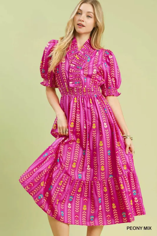 Umgee Vibrant Ruffle Smocked Midi Dress made by Trendsi