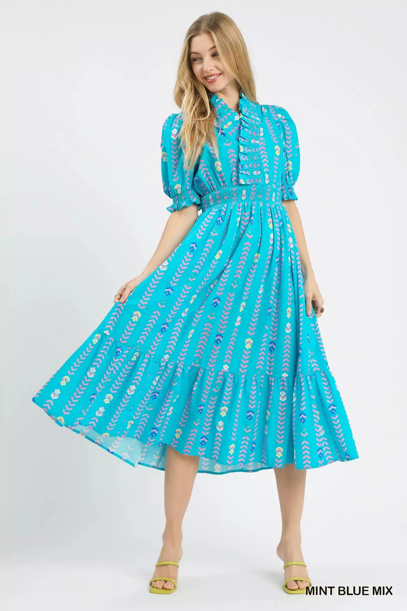 Umgee Vibrant Ruffle Smocked Midi Dress sold by Charming Charlie