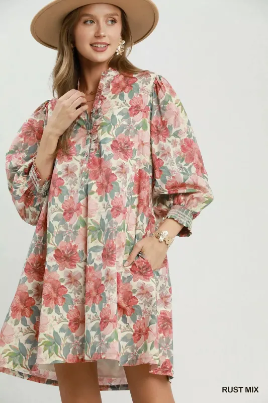 Umgee Mix Floral Print Smocked Cuff Mini Dress made by Trendsi