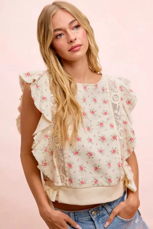 BiBi Flower Printed Ruffle Sleeve Trim Detail Top made by Trendsi