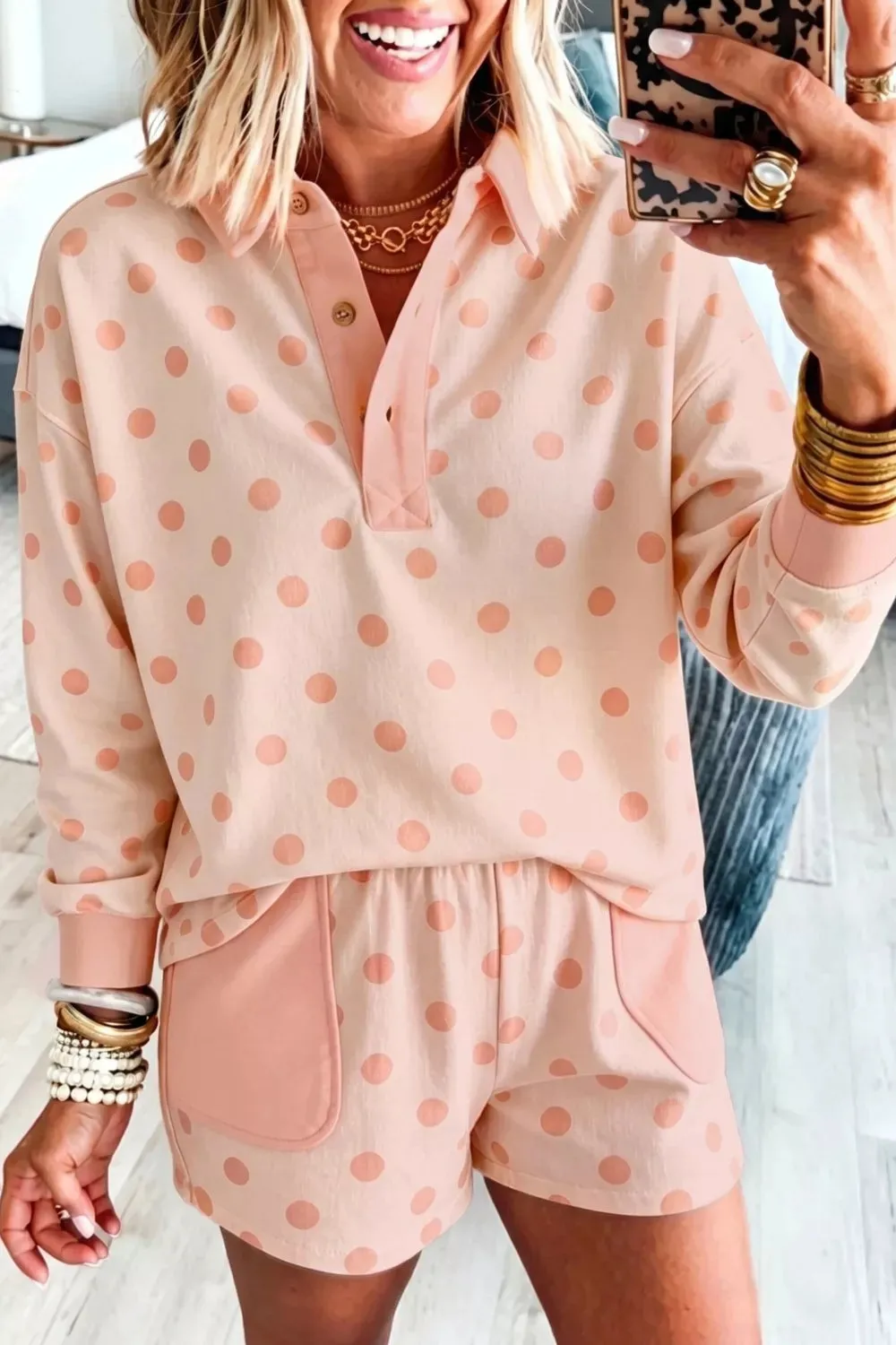 Polka Dot Drop Shoulder Polo Loose Pullover Patch Pocket Casual Shorts Set sold by Charming Charlie product image thumbnail 3