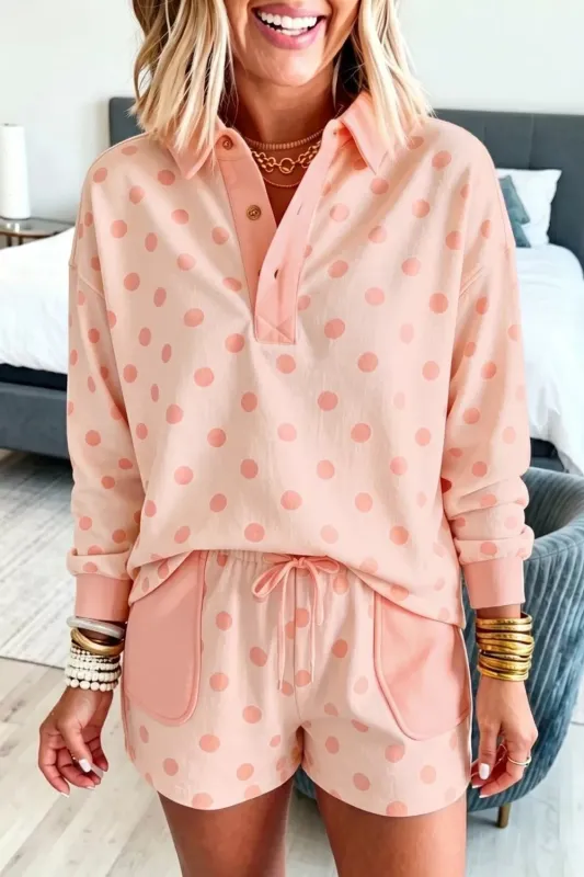 Polka Dot Drop Shoulder Polo Loose Pullover Patch Pocket Casual Shorts Set made by Trendsi