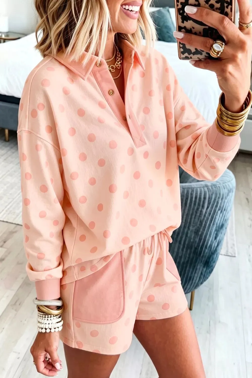 Polka Dot Drop Shoulder Polo Loose Pullover Patch Pocket Casual Shorts Set sold by Charming Charlie product image thumbnail 2