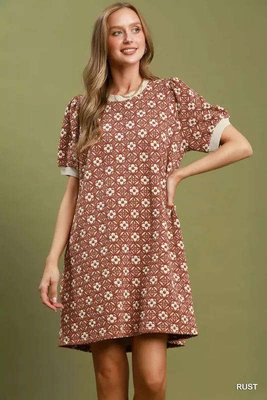 Umgee Floral Textured Puff Sleeve Mini Dress made by Trendsi