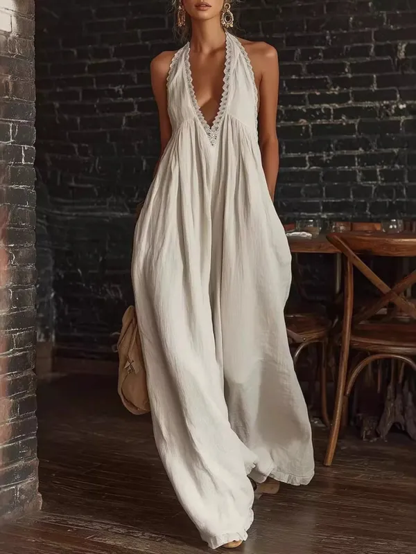 Full Size Halter Neck Lace Trim Wide Leg Jumpsuit Plus Size made by Trendsi