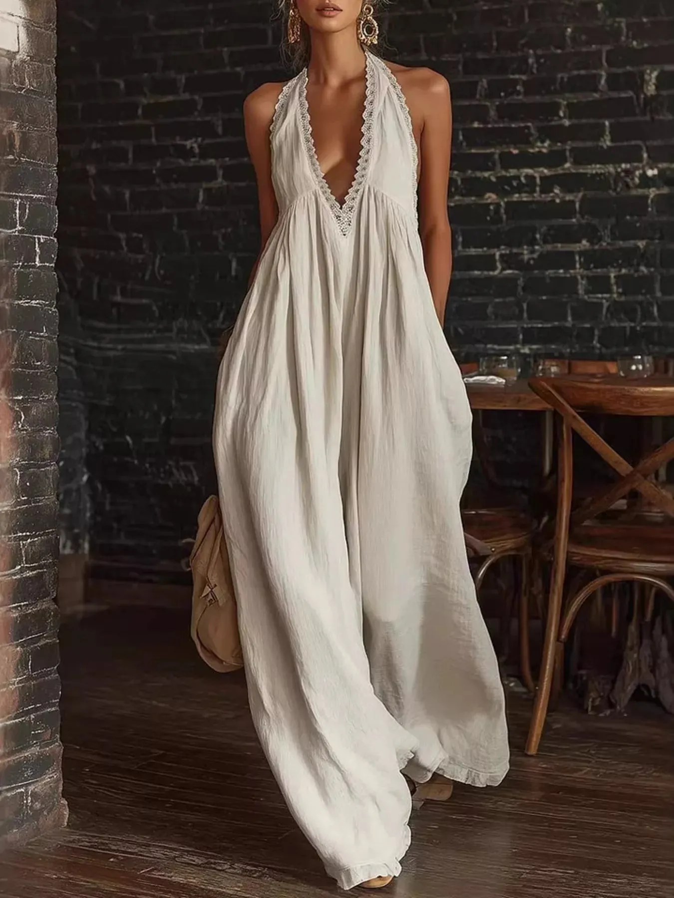 Full Size Halter Neck Lace Trim Wide Leg Jumpsuit Plus Size sold by Charming Charlie