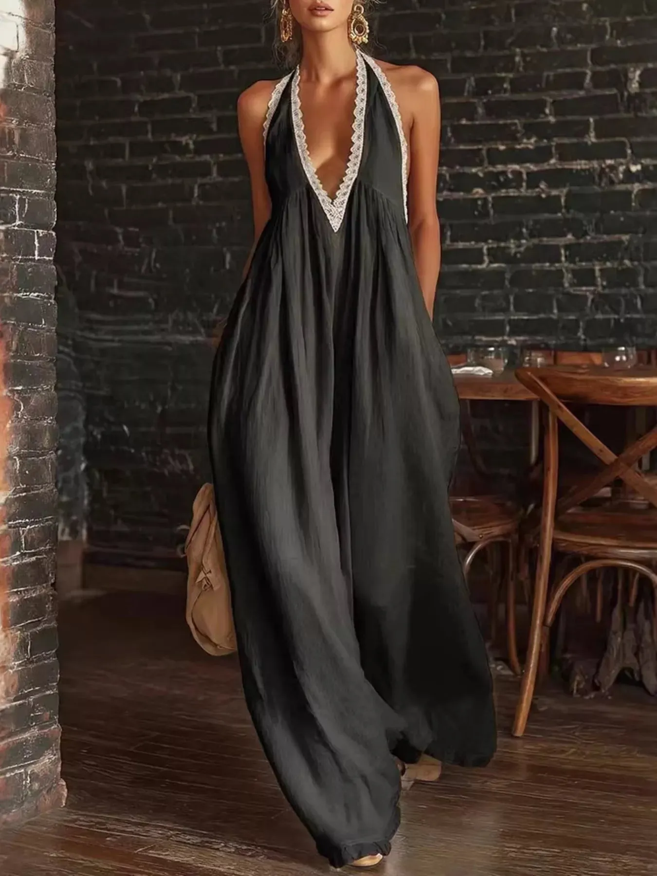 Full Size Halter Neck Lace Trim Wide Leg Jumpsuit Plus Size sold by Charming Charlie product image thumbnail 5