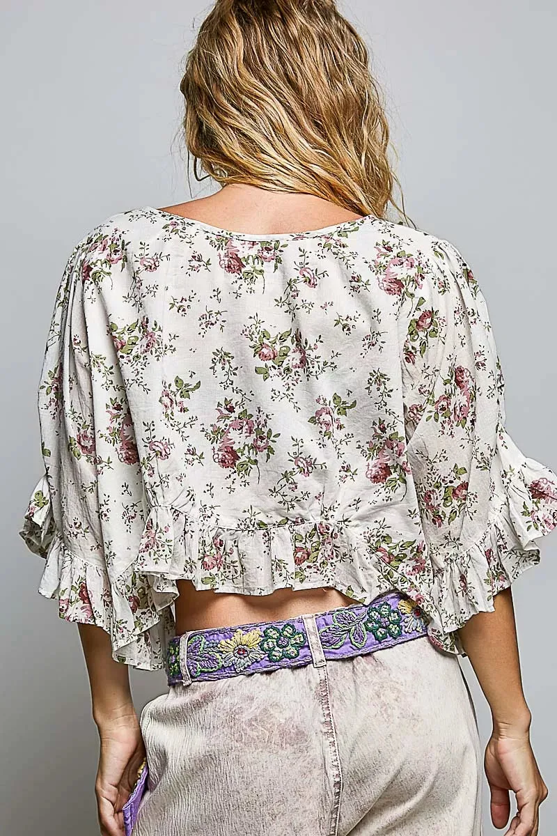 POL Ruffle Tie Front Cropped Floral Woven Flutter Sleeve Top sold by Charming Charlie product image thumbnail 3