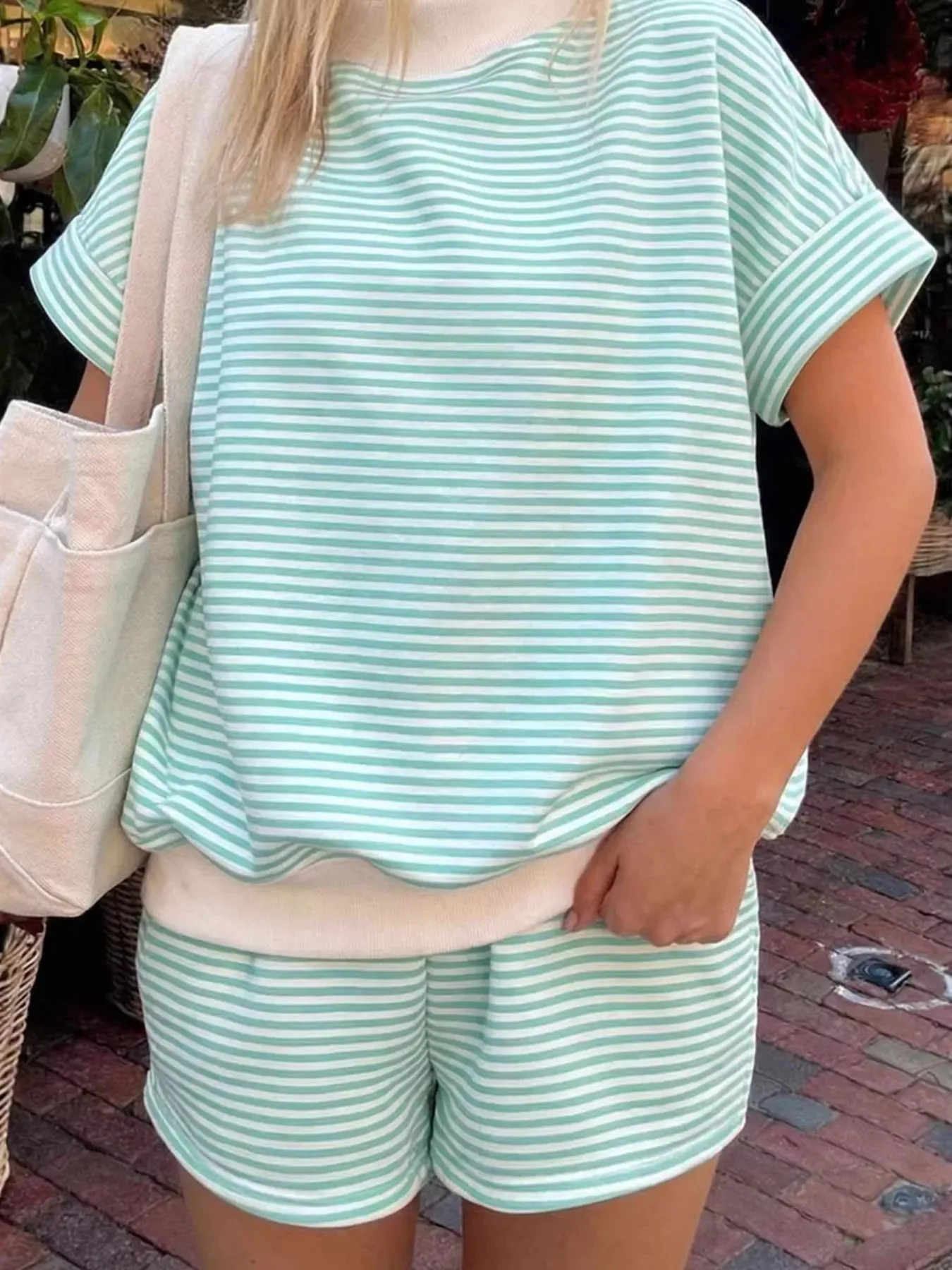 Full Size Striped Round Neck Tee and Shorts Set Plus Size sold by Charming Charlie product image thumbnail 3