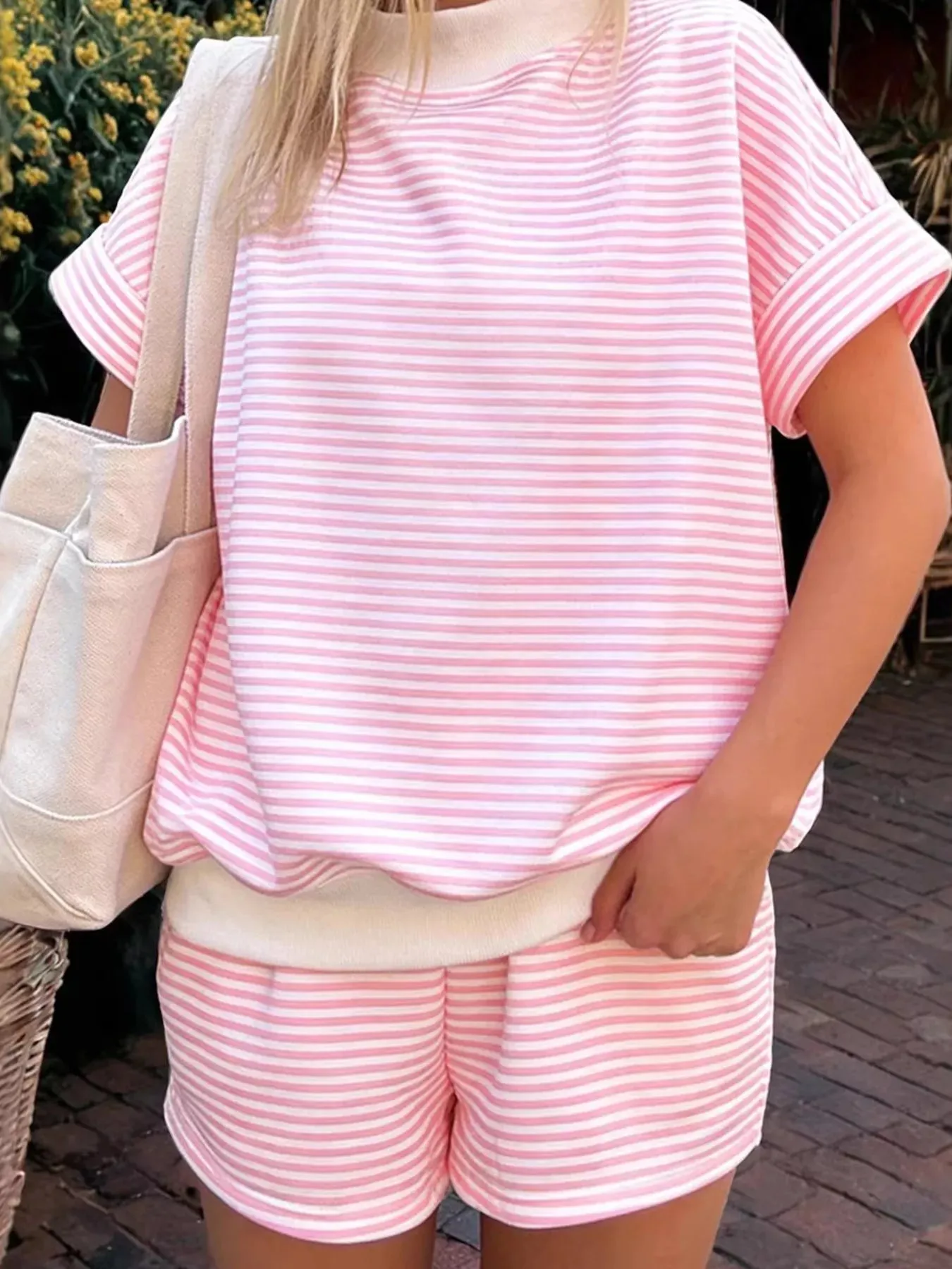 Full Size Striped Round Neck Tee and Shorts Set Plus Size sold by Charming Charlie