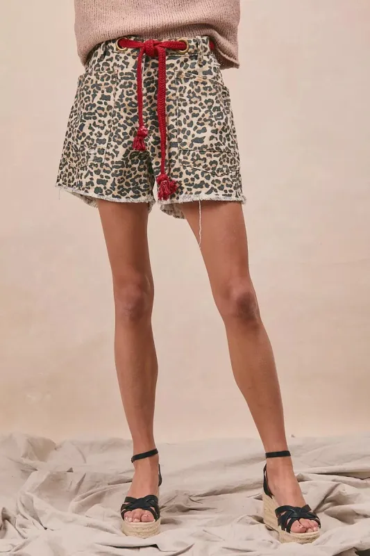 BiBi Braided Waist Belt Patch Pockets Leopard Print Shorts made by Trendsi