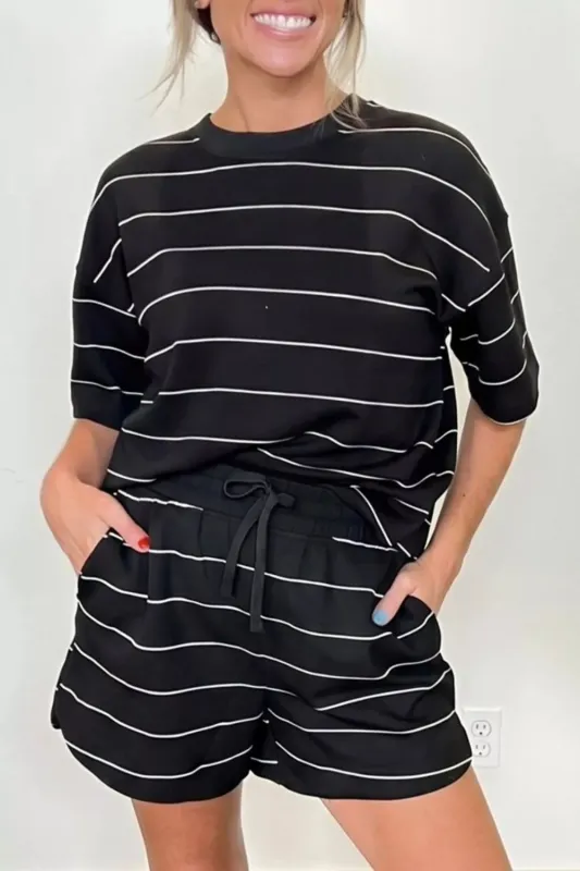 Striped Round Neck Top and Drawstring Shorts Set made by Trendsi