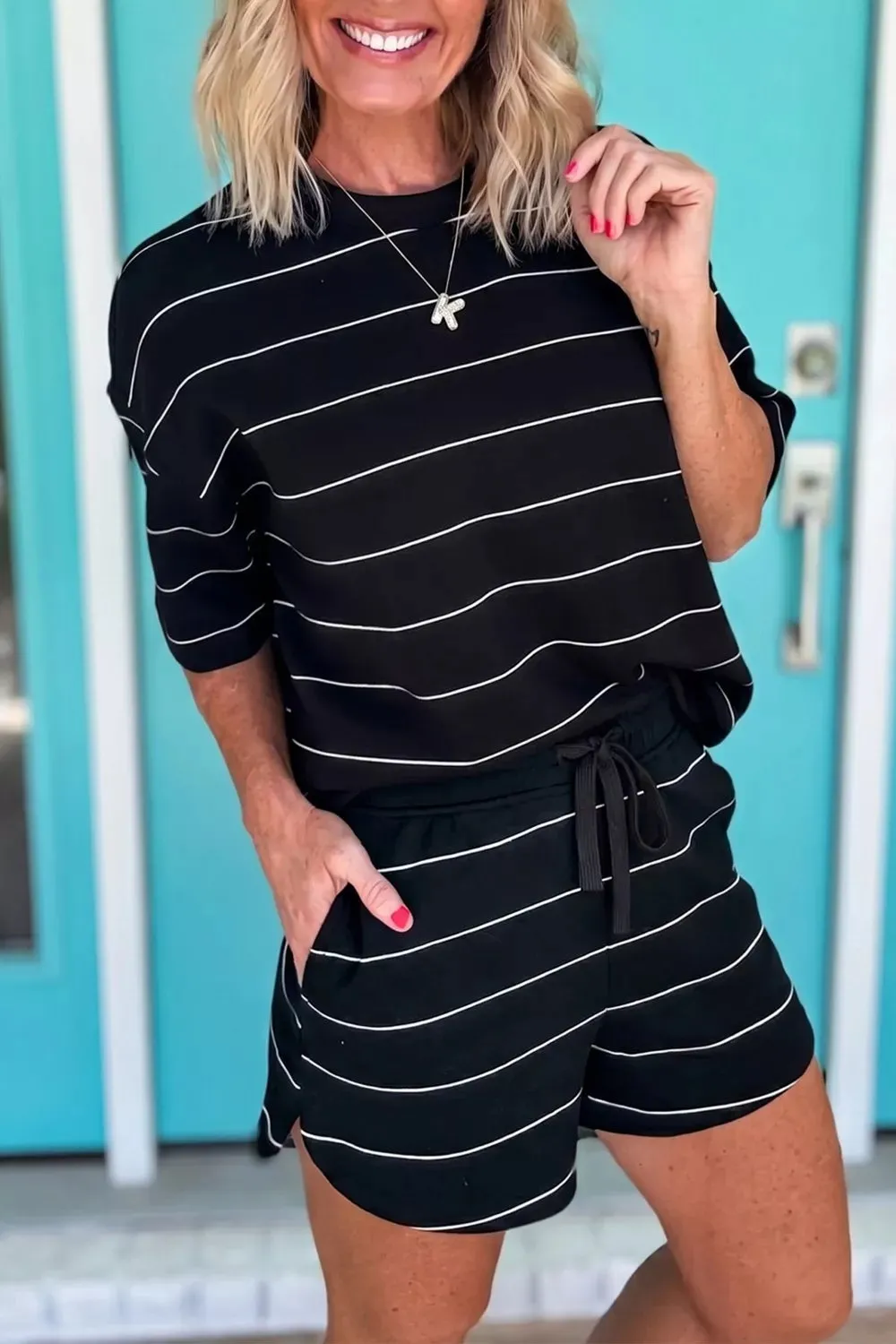 Striped Round Neck Top and Drawstring Shorts Set sold by Charming Charlie product image thumbnail 2
