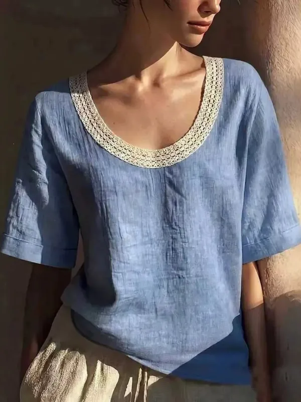 Full Size Lace Trim Short Sleeve Blouse Plus Size made by Trendsi