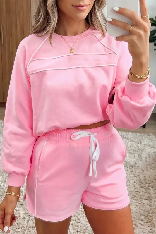 Piping Trim Long Sporty Pullover Drawstring Elastic Waist Shorts Set made by Trendsi