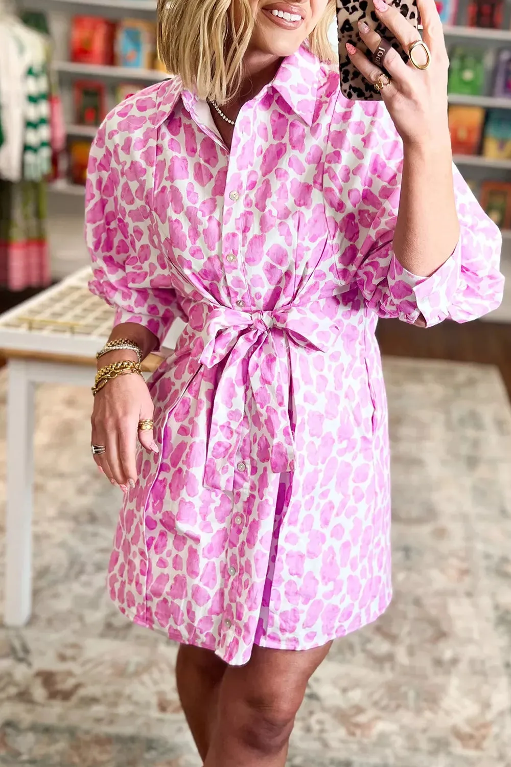 Abstract Leopard Print Tie Waist Puff Sleeve Mini Shirt Dress sold by Charming Charlie product image thumbnail 3