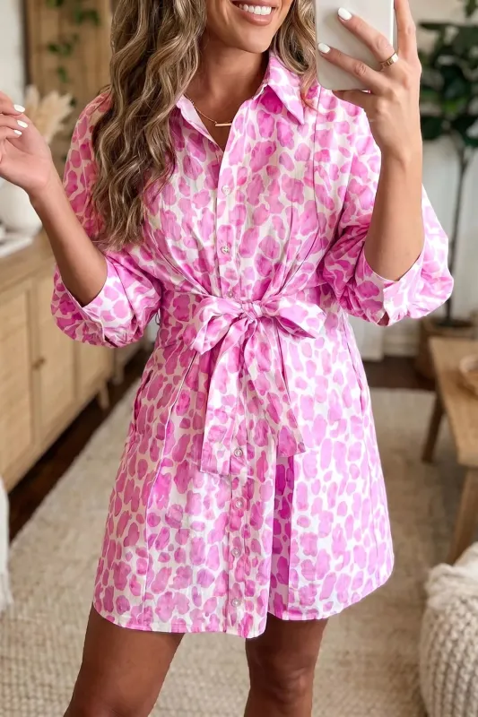 Abstract Leopard Print Tie Waist Puff Sleeve Mini Shirt Dress made by Trendsi