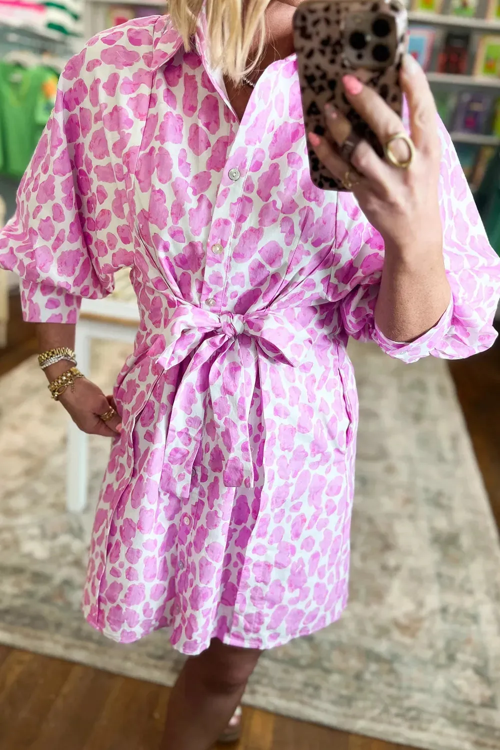 Abstract Leopard Print Tie Waist Puff Sleeve Mini Shirt Dress sold by Charming Charlie product image thumbnail 5