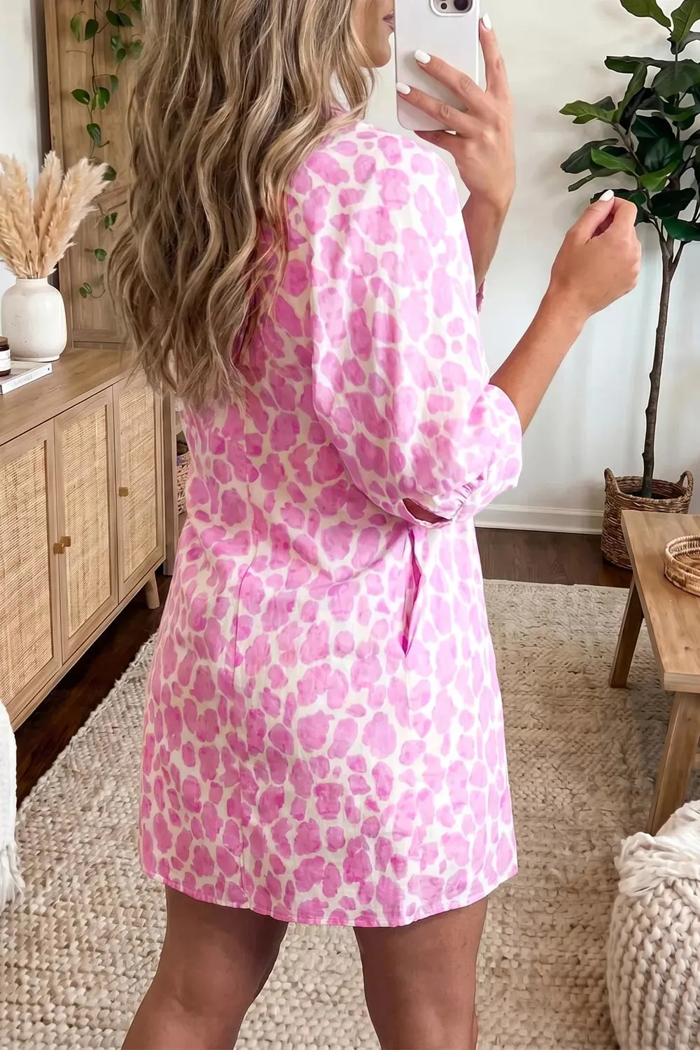 Abstract Leopard Print Tie Waist Puff Sleeve Mini Shirt Dress sold by Charming Charlie product image thumbnail 2