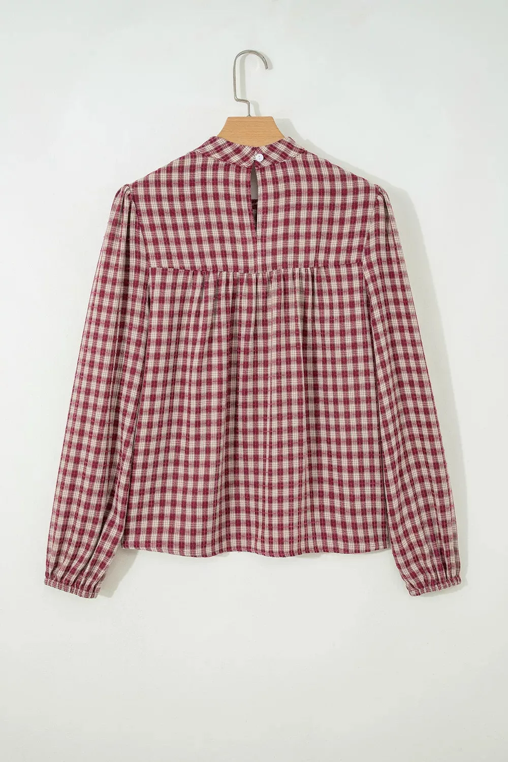 Country Plaid Long Sleeve Button Keyhole Pleated Loose Blouse sold by Charming Charlie product image thumbnail 4