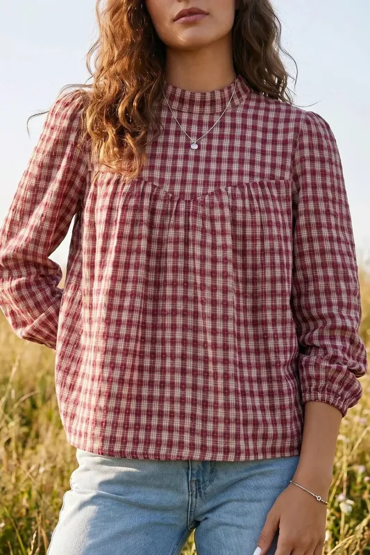 Country Plaid Long Sleeve Button Keyhole Pleated Loose Blouse made by Trendsi
