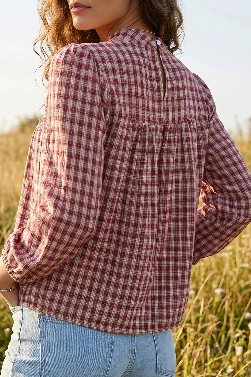 Country Plaid Long Sleeve Button Keyhole Pleated Loose Blouse sold by Charming Charlie product image thumbnail 2