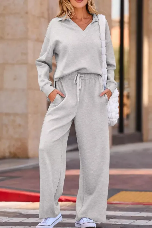 Solid Color V Neck Top and High Waist Pants Set made by Trendsi