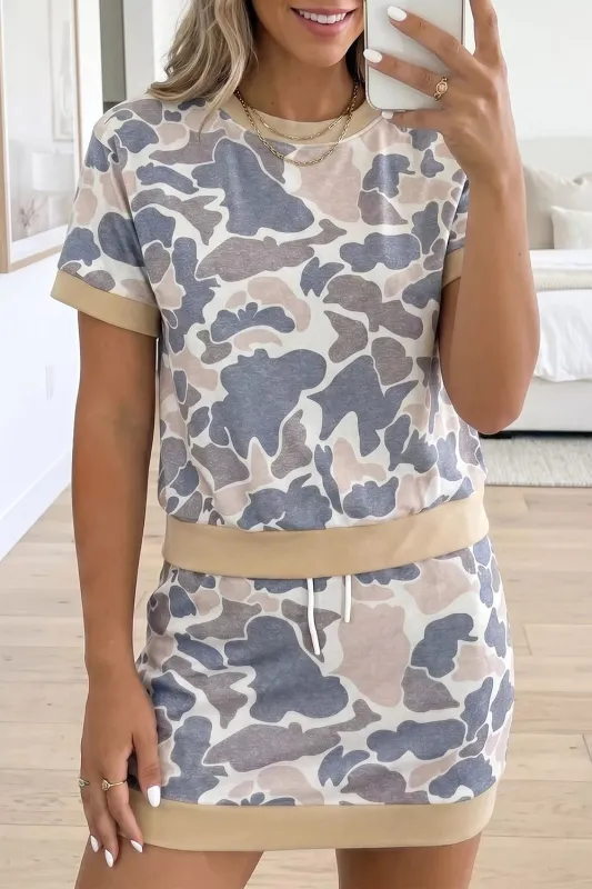 Camouflage Short Sleeve Top and Skirt Set made by Trendsi