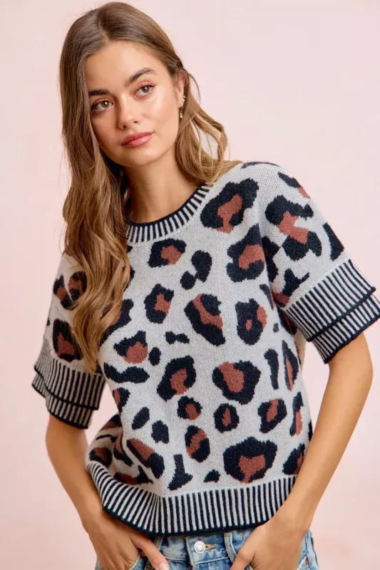BiBi Two Tone Detail Leopard Knit Double Sleeves Top made by Trendsi