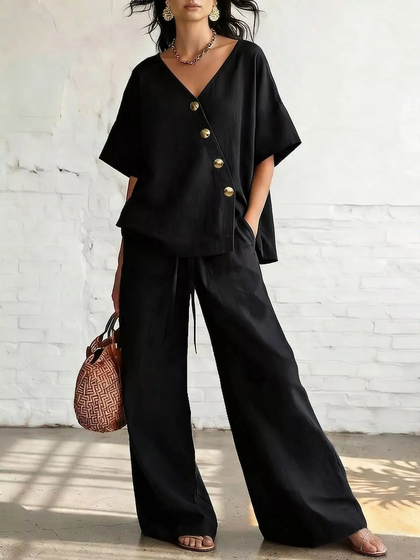 Full Size Surplice Half Sleeve Top and Wide-Leg Pants Set Plus Size sold by Charming Charlie product image thumbnail 5