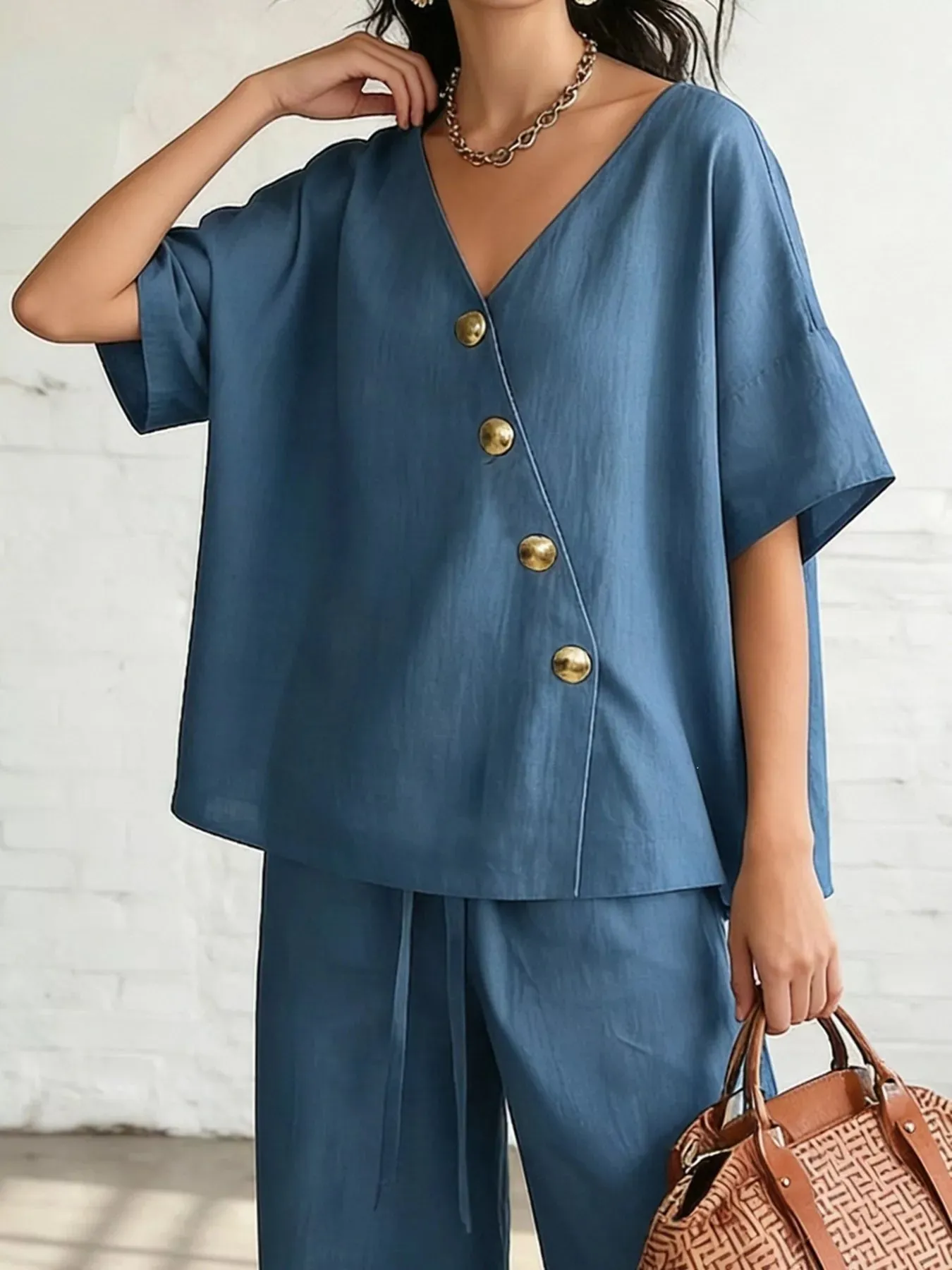 Full Size Surplice Half Sleeve Top and Wide-Leg Pants Set Plus Size sold by Charming Charlie product image thumbnail 2