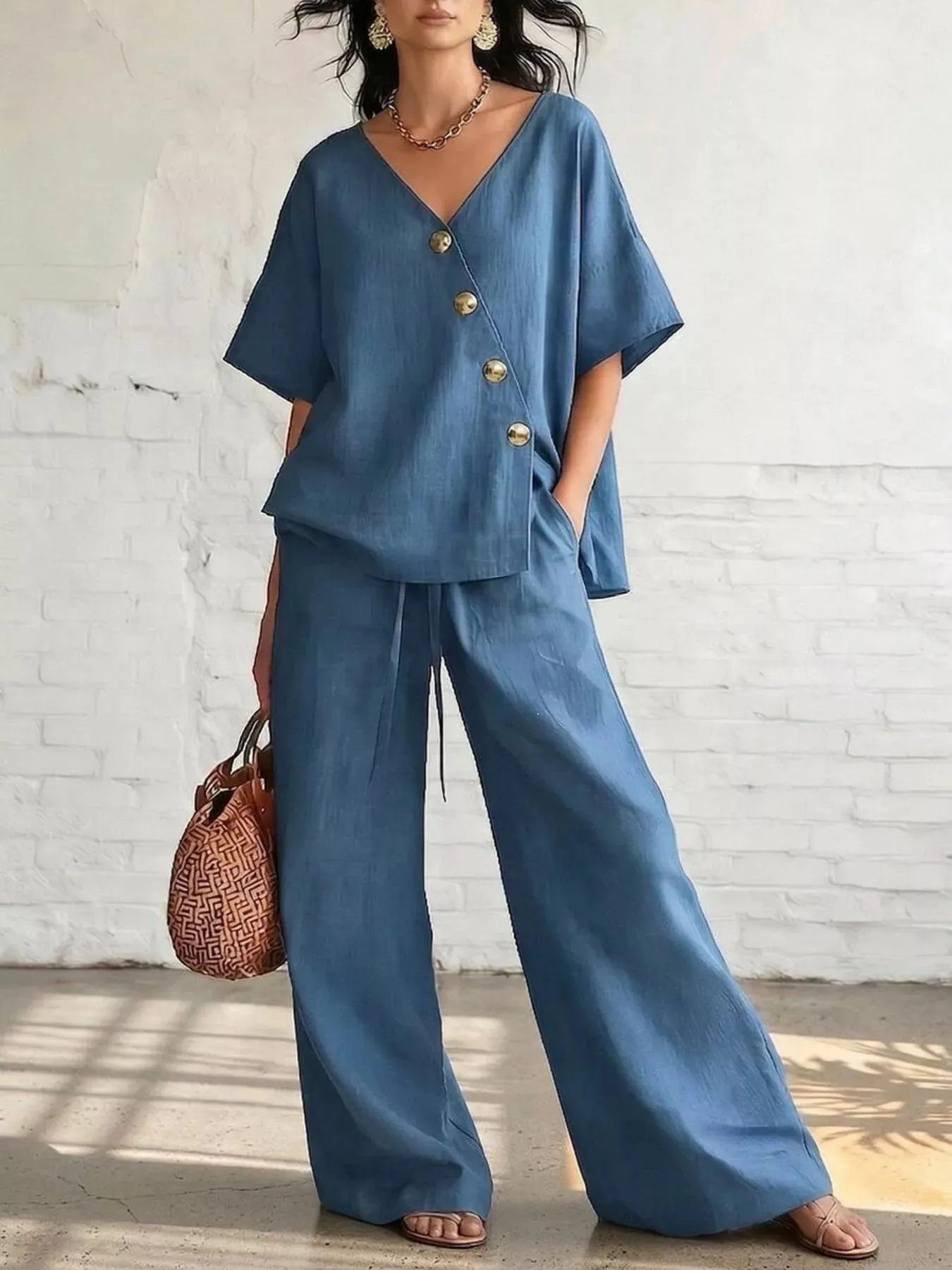 Full Size Surplice Half Sleeve Top and Wide-Leg Pants Set Plus Size sold by Charming Charlie product image thumbnail 3