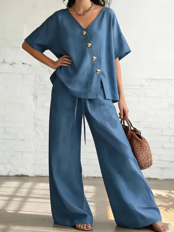 Full Size Surplice Half Sleeve Top and Wide-Leg Pants Set Plus Size made by Trendsi