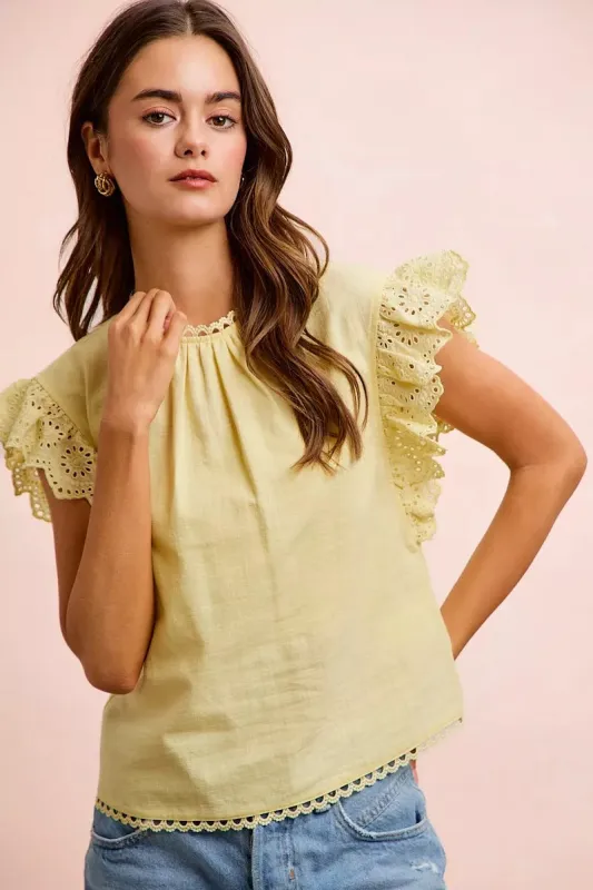 BiBi Cotton Solid Ruffle Sleeve Lace Detail Blouse Top made by Trendsi