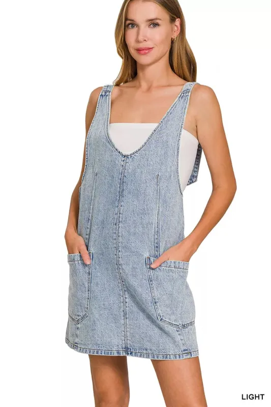 Zenana Denim Overall Dress with Front Pockets made by Trendsi