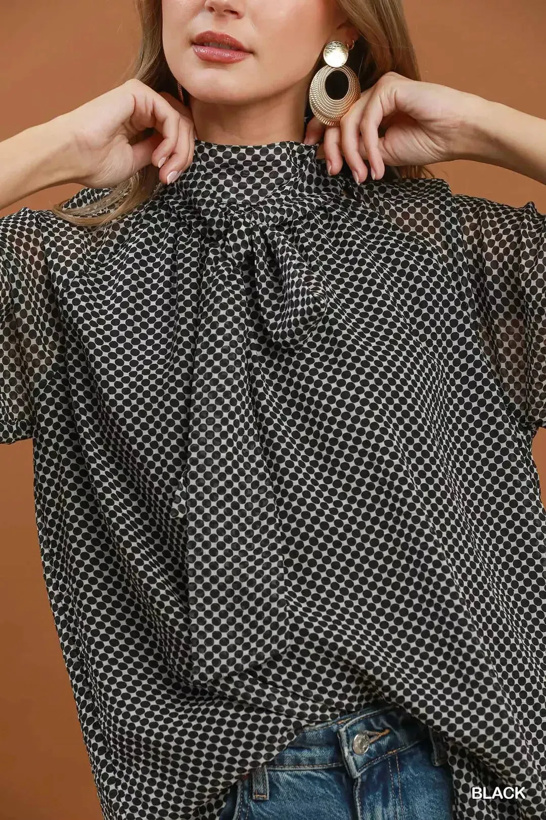 Umgee Dot Print Tie Neck Long Sleeve Blouse sold by Charming Charlie product image thumbnail 4