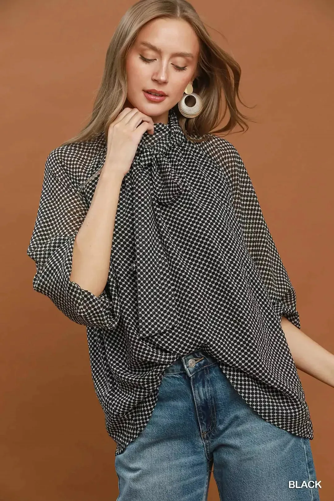 Umgee Dot Print Tie Neck Long Sleeve Blouse sold by Charming Charlie