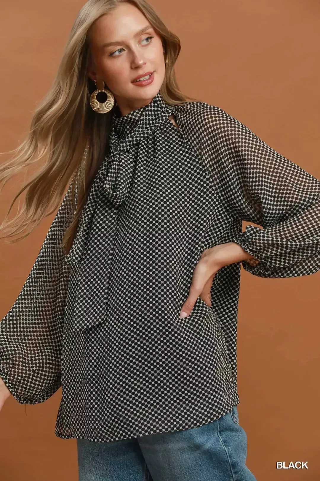 Umgee Dot Print Tie Neck Long Sleeve Blouse sold by Charming Charlie product image thumbnail 2