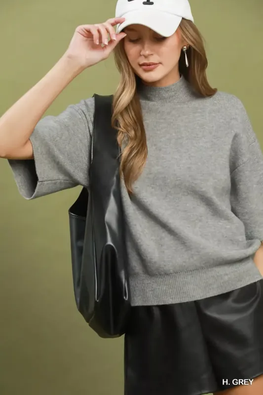 Umgee Mock Neck Short Sleeve Knit Sweater Top made by Trendsi