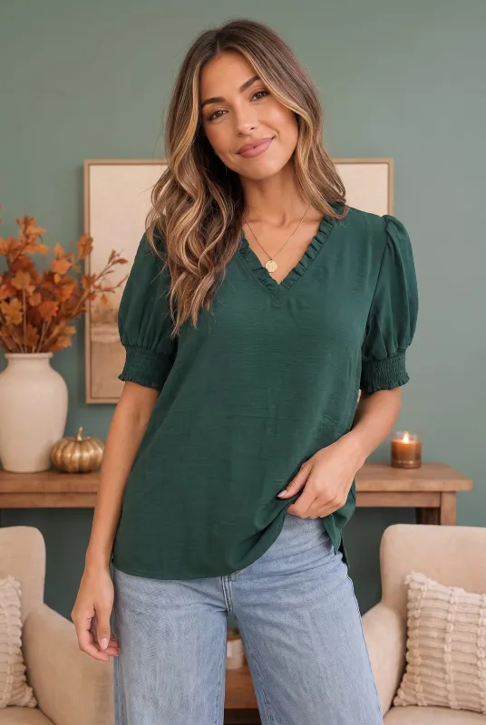 When We Met Ruffle V-Neck Puff Sleeve Top made by JODIFL