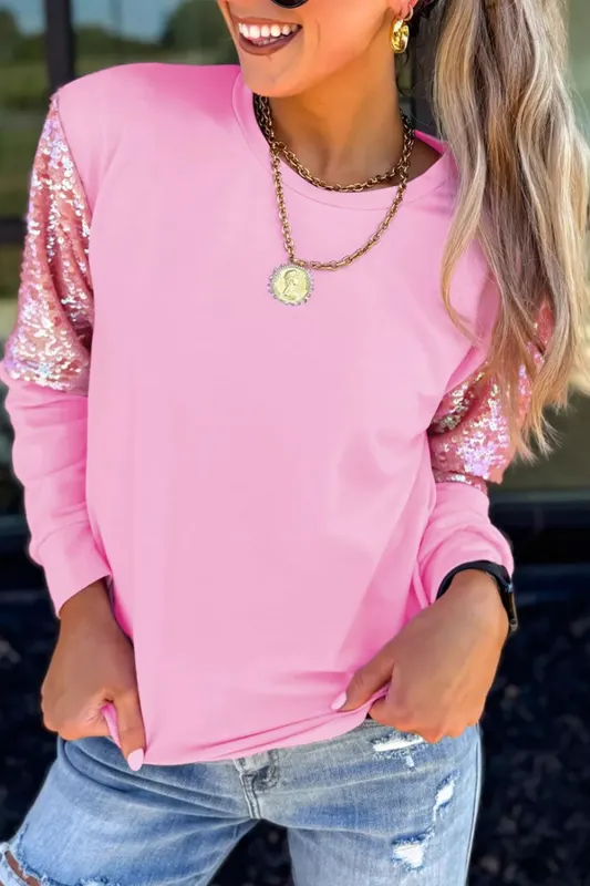 Long Sleeve Sequin Round Neck Pullover Top made by Trendsi