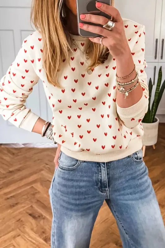 Heart Print Round Neck Long Sleeve Regular Fit Sweatshirt made by Trendsi