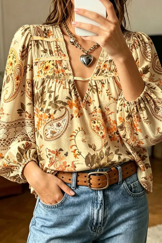 Paisley Print Decorative Binding Tape V Neck Shift Blouse made by Trendsi