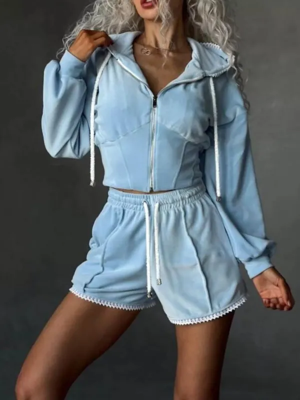 Zip Up Hooded Outerwear and Shorts Set made by Trendsi
