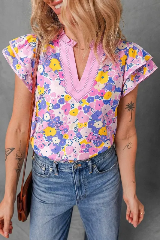 Floral Print Striped Color Block Patchwork V Neck Flutter Sleeve Blouse made by Trendsi
