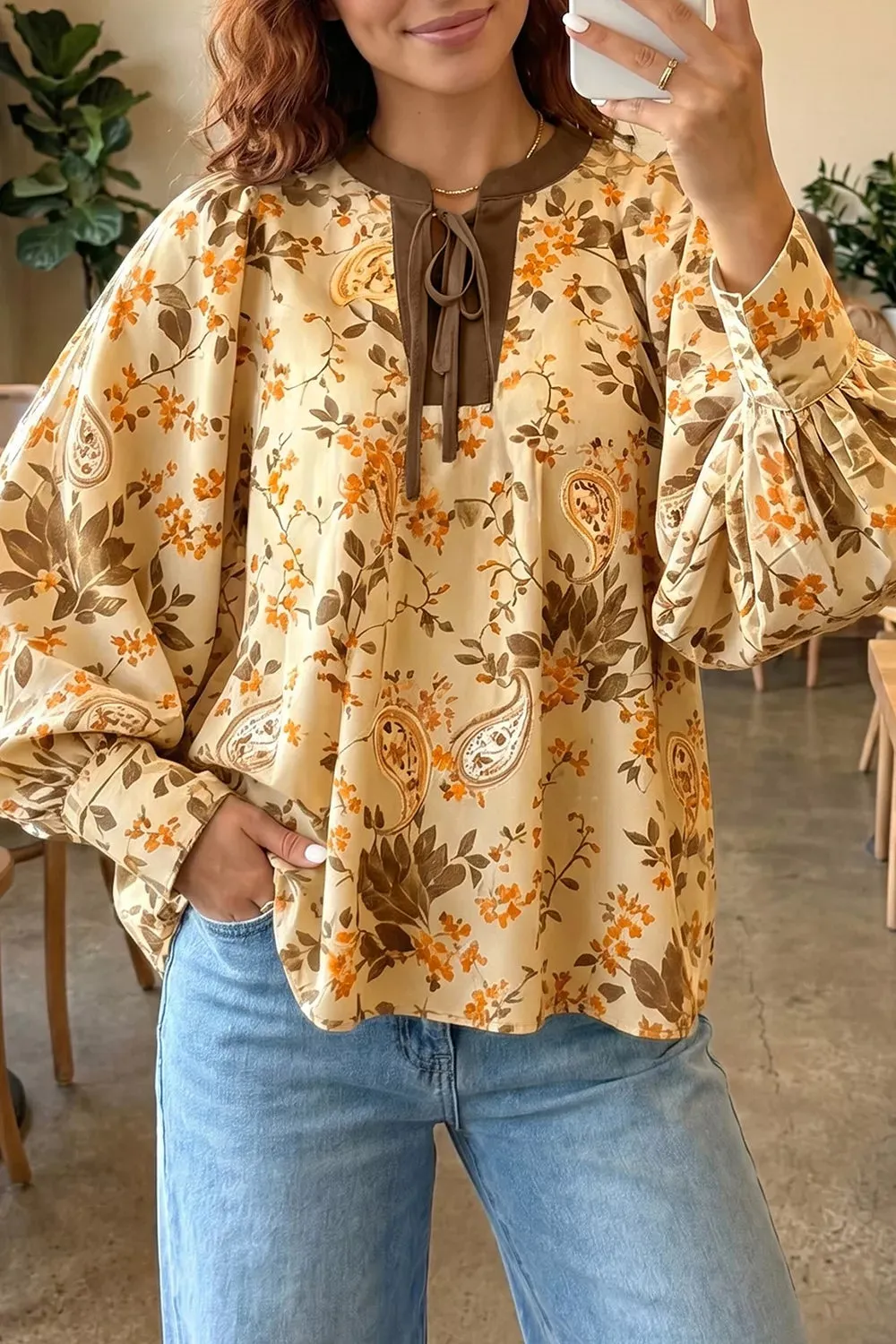Paisley Print Tie Neck Long Sleeve Shift Top sold by Charming Charlie