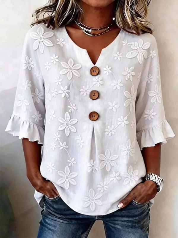 Full Size Floral Button Decor 3/4 Sleeve Blouse Plus Size made by Trendsi