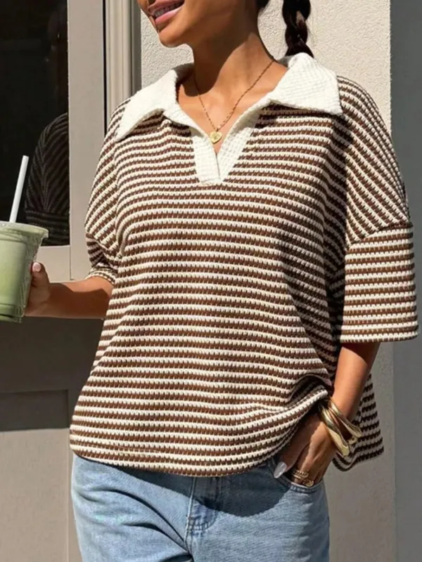 Striped Knit 3/4 Sleeve Polo Top made by Trendsi